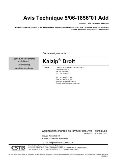 Avis Technique 5/06-1856*01 Add Kalzip Droit