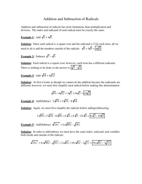 Addition and Subtraction of Radicals