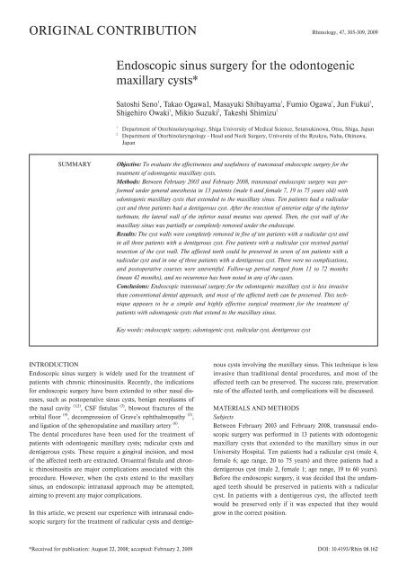 Endoscopic sinus surgery for the odontogenic maxillary cysts ...