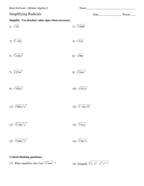 Simplifying Radicals - Kuta Software