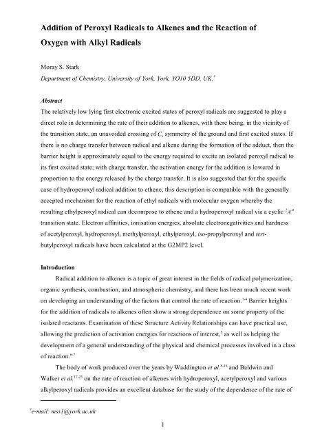 Addition of Peroxyl Radicals to Alkenes and the ... - University of York