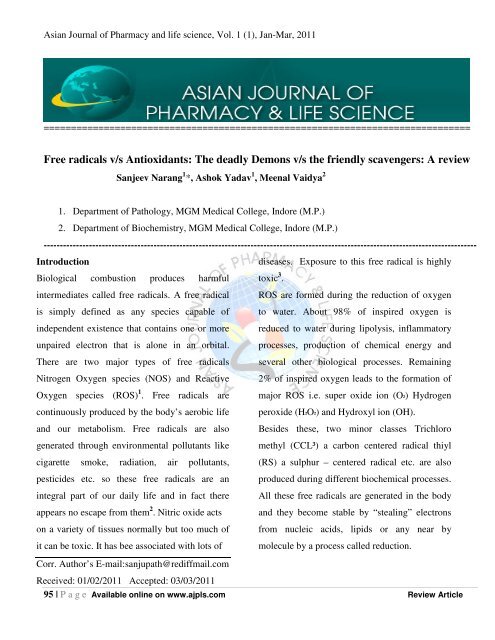 Free radicals v/s Antioxidants - asian journal of pharmacy & life ...