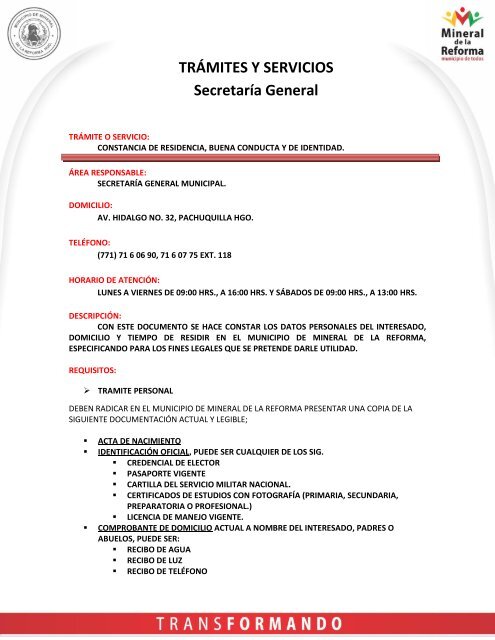 TRÁMITES Y SERVICIOS Secretaría General - Mineral de la 