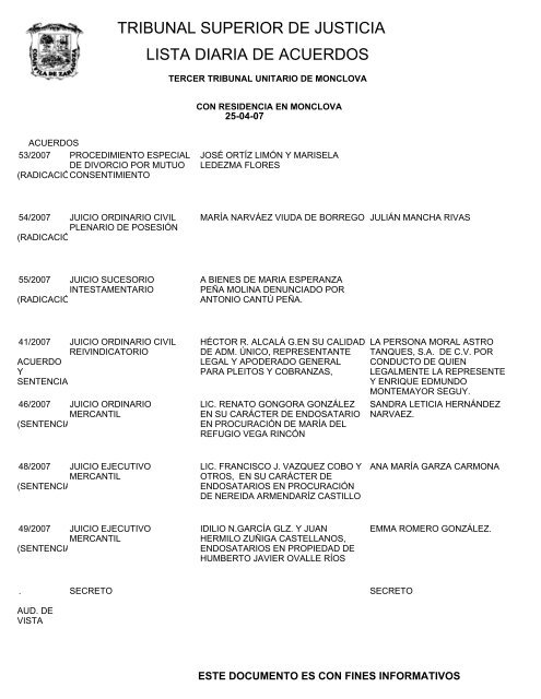 tribunal superior de justicia lista diaria de acuerdos - Poder Judicial ...