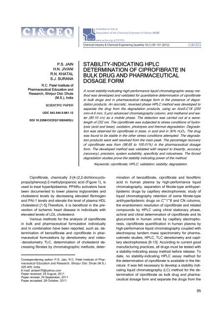 stability-indicating hplc determination of ciprofibrate in ... - doiSerbia