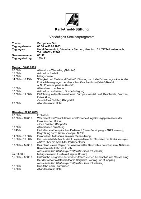 Karl-Arnold-Stiftung Vorläufiges Seminarprogramm