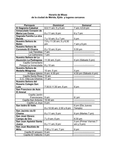 Horario de Misas de la ciudad de Mérida, Ejido y lugares cercanos ...