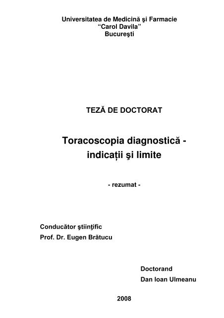 Toracoscopia diagnostică - indicaţii şi limite - Universitatea de ...