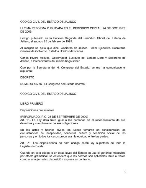 CODIGO CIVIL DEL ESTADO DE JALISCO ULTIMA REFORMA ...