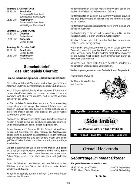 Geburtstage im Monat Oktober - Gemeinde Kaulsdorf(Saale)