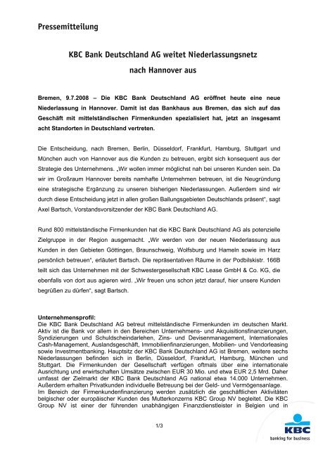 Pressemitteilung Kbc Bank Deutschland Ag Weitet