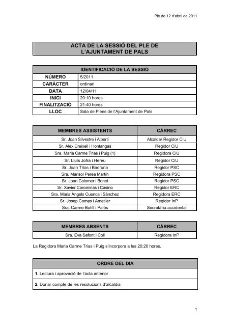 ACTA DE LA SESSIÓ DEL PLE DE L'AJUNTAMENT DE PALS