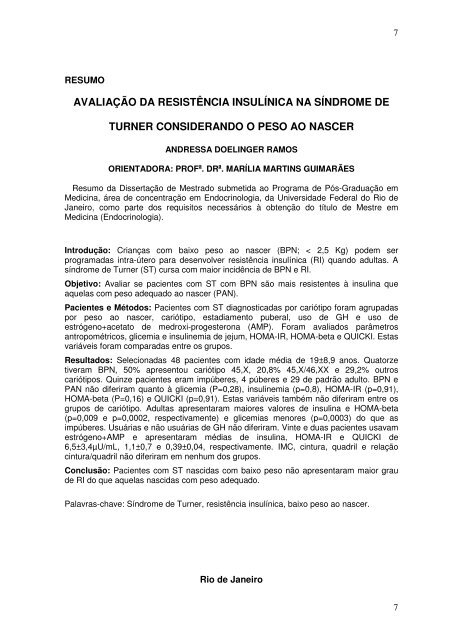 avaliação da resistência insulínica na síndrome de turner ...