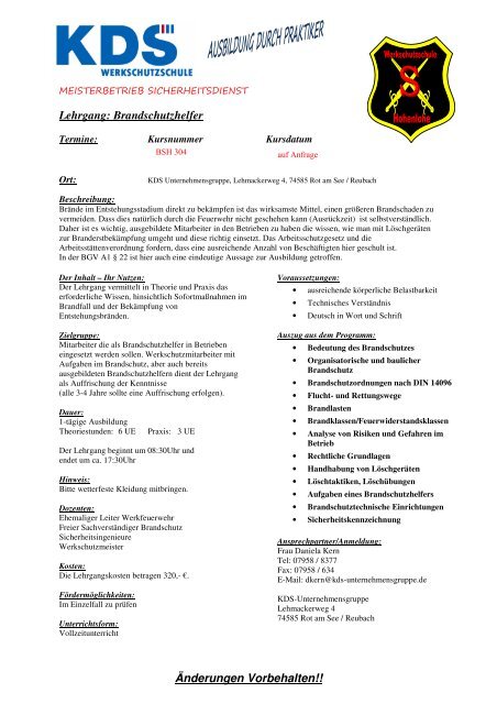 Lehrgang: Brandschutzhelfer - KDS Unternehmensgruppe