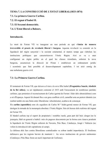 TEMA 7. LA CONSTRUCCIÓ DE L'ESTAT LIBERAL(1833-1874) 7.1 ...