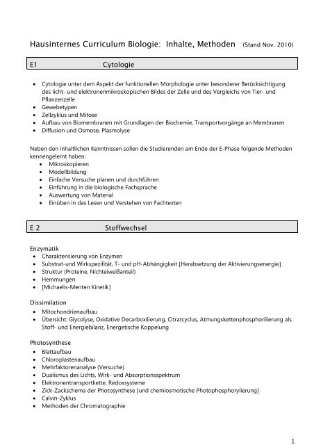 Hausinternes Curriculum Biologie: Inhalte, Methoden (Stand Nov ...