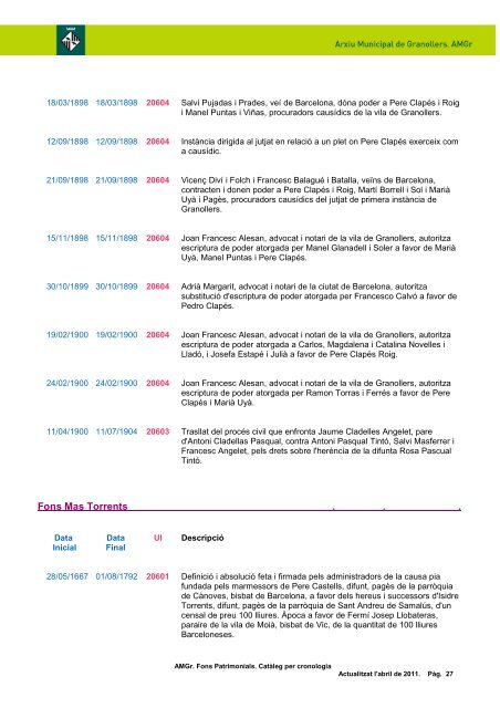 Catàleg cronològic dels Fons patrimonials - Granollers