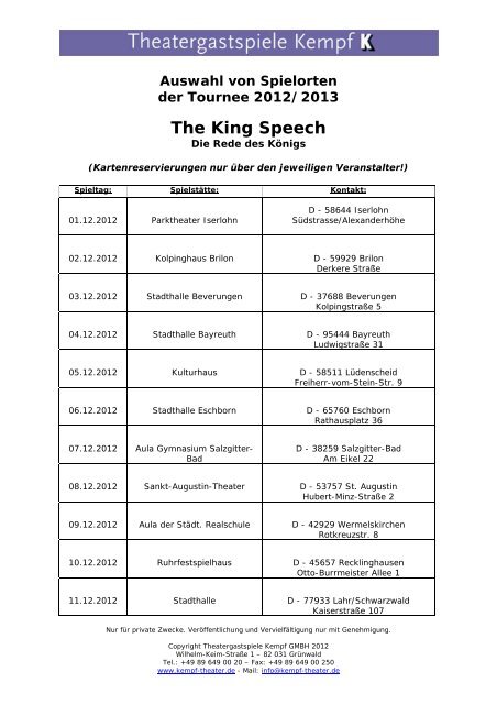 Spielorte: The King's Speech - Theatergastspiele Kempf GmbH