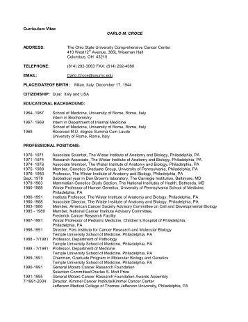 Curriculum Vitae CARLO M. CROCE ADDRESS: The Ohio ... - Kenes