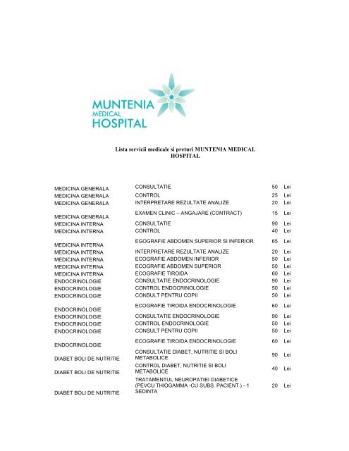 Lista servicii medicale si preturi MUNTENIA MEDICAL HOSPITAL