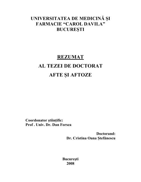 rezumat al tezei de doctorat afte şi aftoze - Universitatea de ...