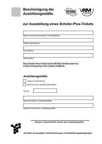 Bescheinigung Schüler-Plus Ticket - kevag