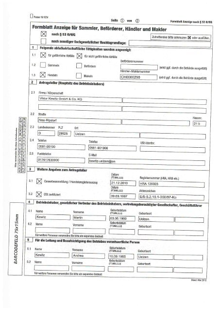 Formblatt nach § 53 KrWG - Viktor Kewitz GmbH & Co. KG