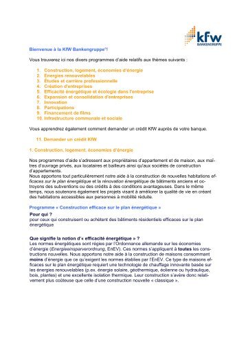 Vous trouverez ici nos divers programmes d'aide relatifs aux ... - KfW