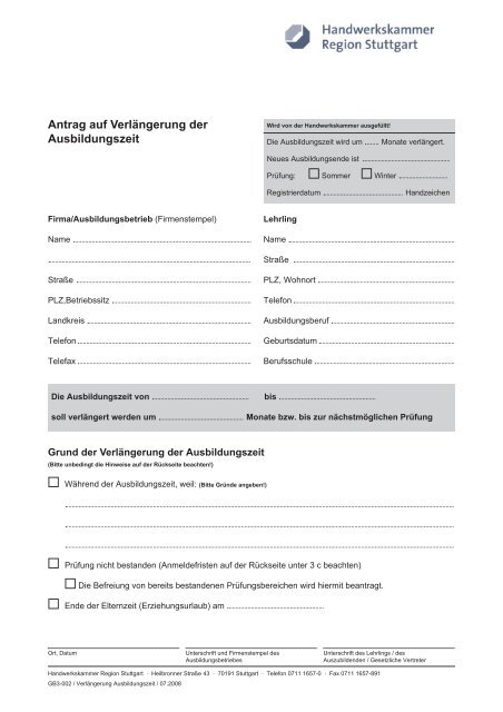 Antrag Auf Verlangerung Der Ausbildungszeit Kfz Innung Stuttgart