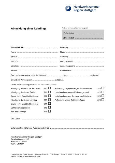 Abmeldung eines Lehrlings - Kfz-Innung Stuttgart