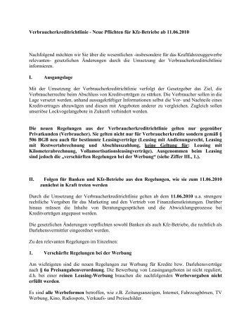 Verbraucherkreditrichtlinie - Neue Pflichten für Kfz-Betriebe ab 11.06