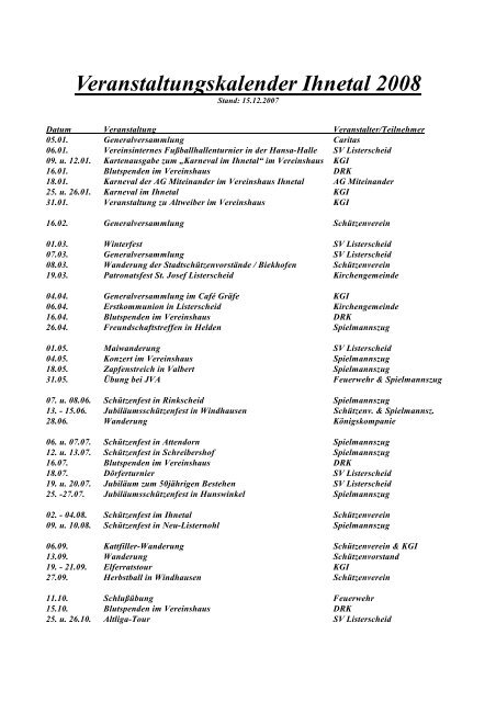 Veranstaltungskalender aller Ihnetaler Vereine