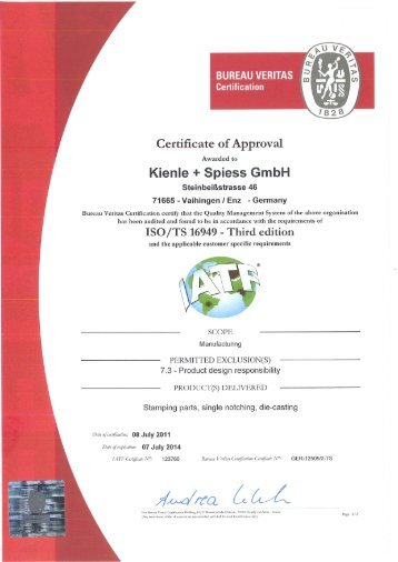 Certificate, DIN EN ISO/TS 16949, plant Vaihingen - Kienle + Spiess