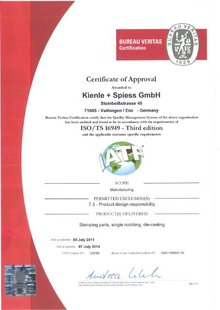 Certificate, DIN EN ISO/TS 16949, plant Vaihingen - Kienle + Spiess