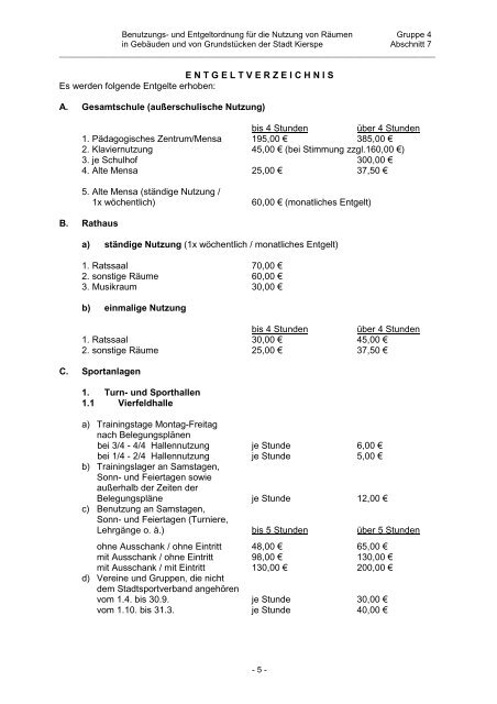 4 - 7 Benutzungs- und Entgeltordnung für die ... - Stadt Kierspe