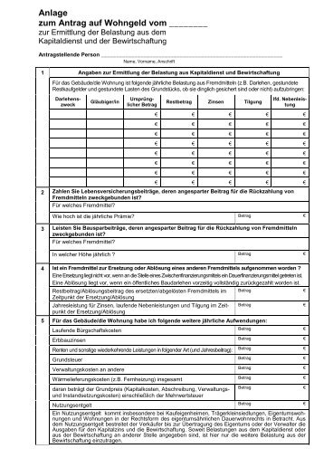 Anlage zum Antrag auf Wohngeld zur Ermittlung der Belastung aus ...