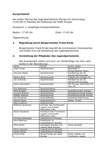 Kurzprotokoll der ersten Sitzung des ... - Stadt Kierspe