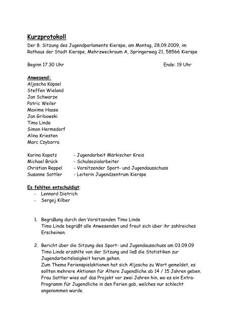 Protokoll der Sitzung vom 28.09.2009 - Stadt Kierspe