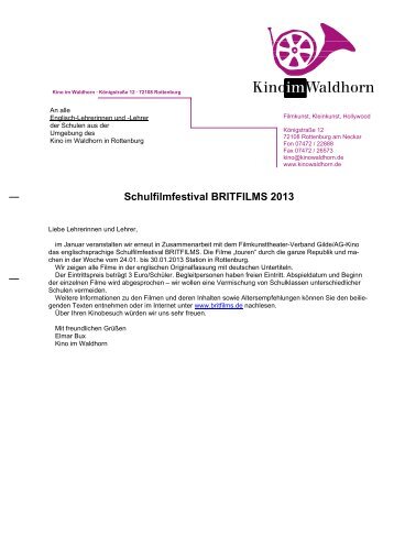 Schulfilmfestival BRITFILMS 2013 - Kino im Waldhorn