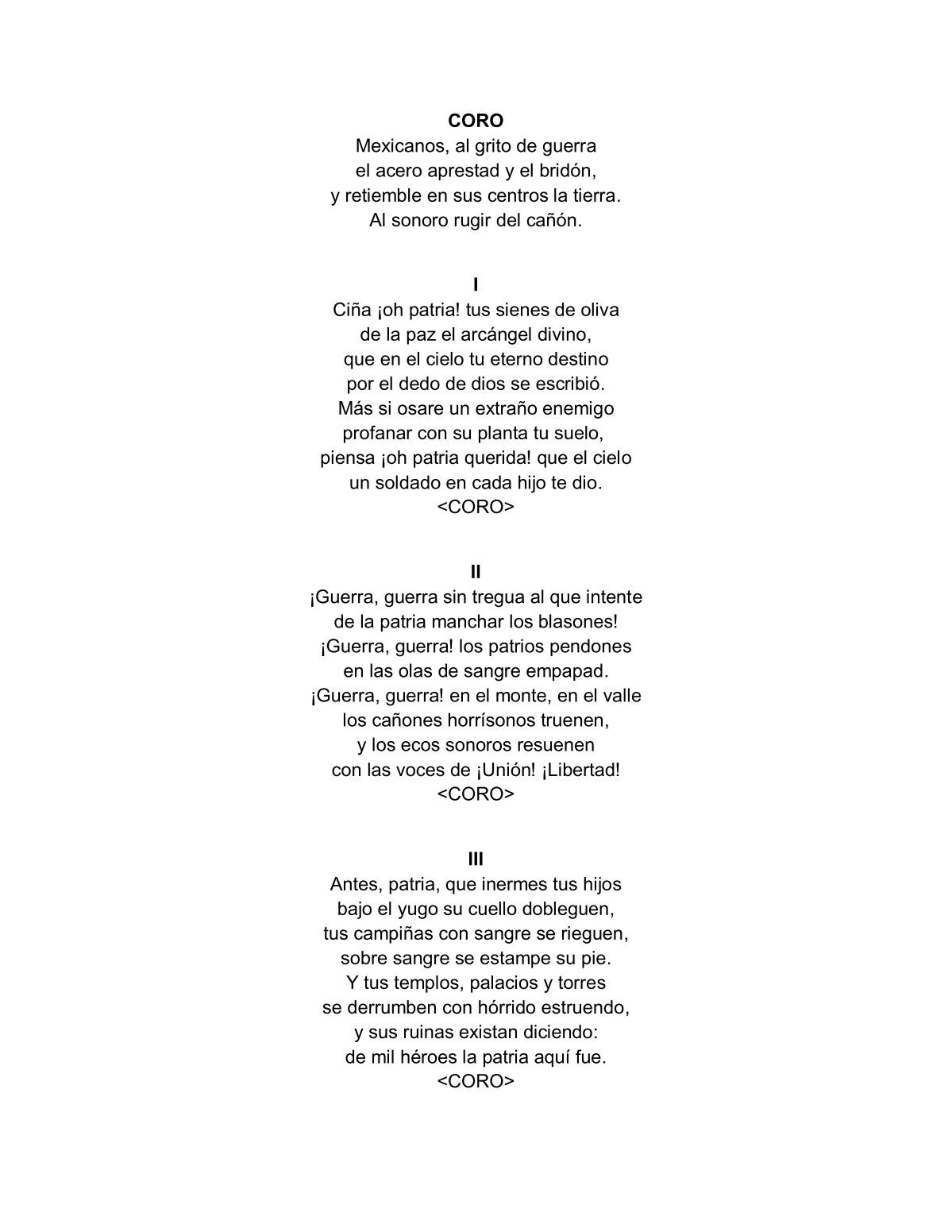 Letra Del Himno Nacional Mexicano Corto
