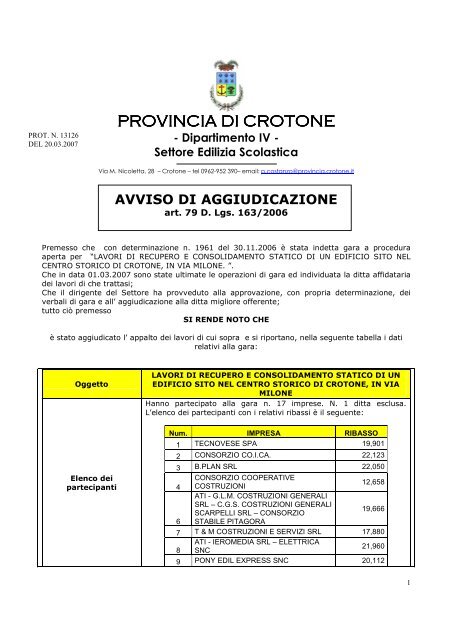 avviso gara esperita PALAZZO MILONE - Provincia di Crotone