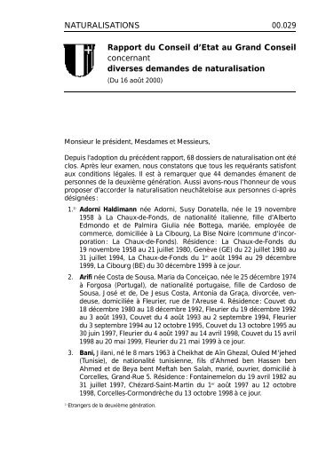 00.029 - Rapport du Conseil d'Etat : naturalisations (16 août 2000)