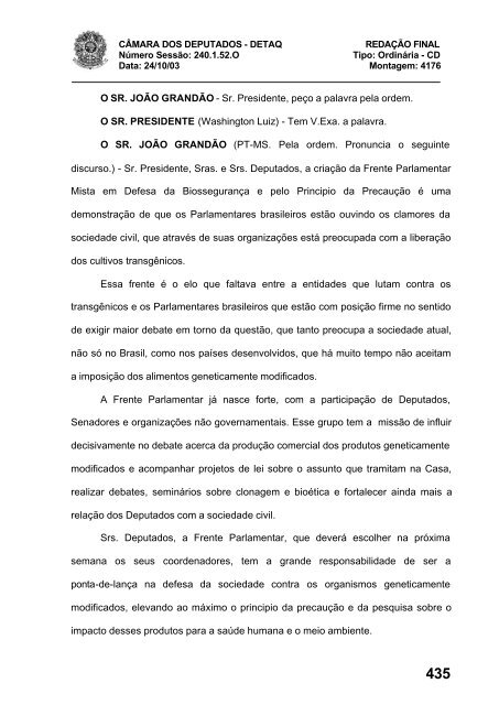 24/10/03 TURNO: Matutino TIPO DA SESSÃO: Ordinária