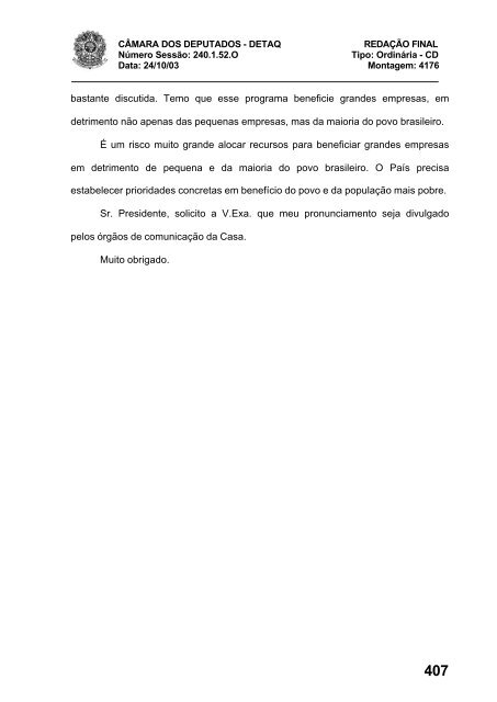 24/10/03 TURNO: Matutino TIPO DA SESSÃO: Ordinária