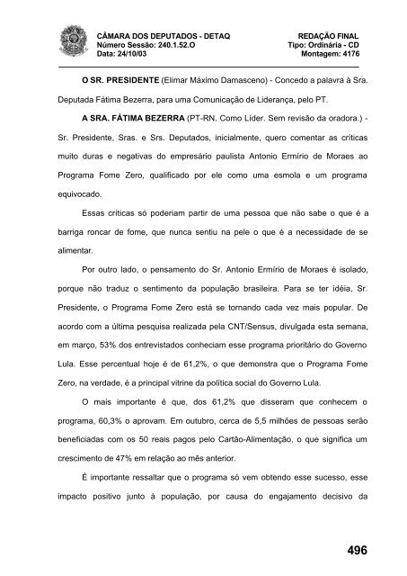 24/10/03 TURNO: Matutino TIPO DA SESSÃO: Ordinária