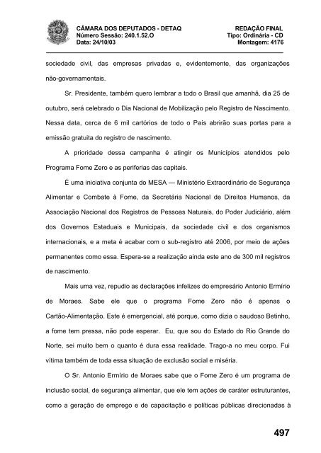 24/10/03 TURNO: Matutino TIPO DA SESSÃO: Ordinária