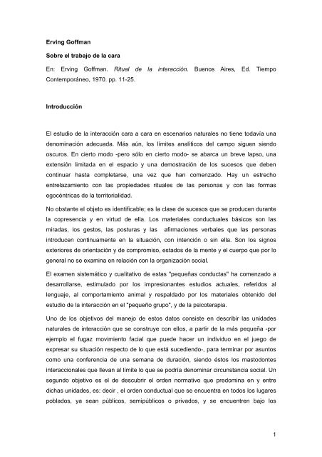 Sobre el trabajo de la cara Goffman, Erving - Cholonautas