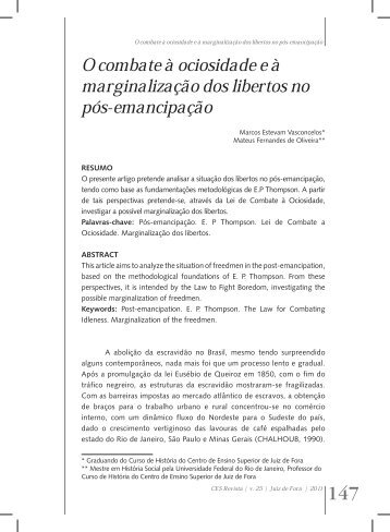 O combate à ociosidade e à marginalização dos libertos ... - CES/JF