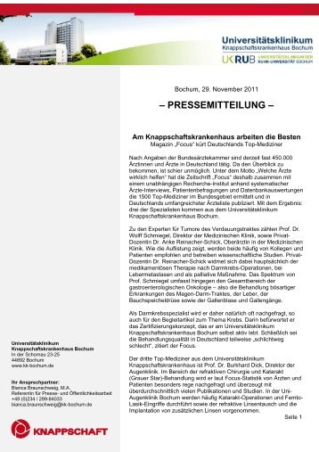 – PRESSEMITTEILUNG – - Knappschaftskrankenhaus Bochum