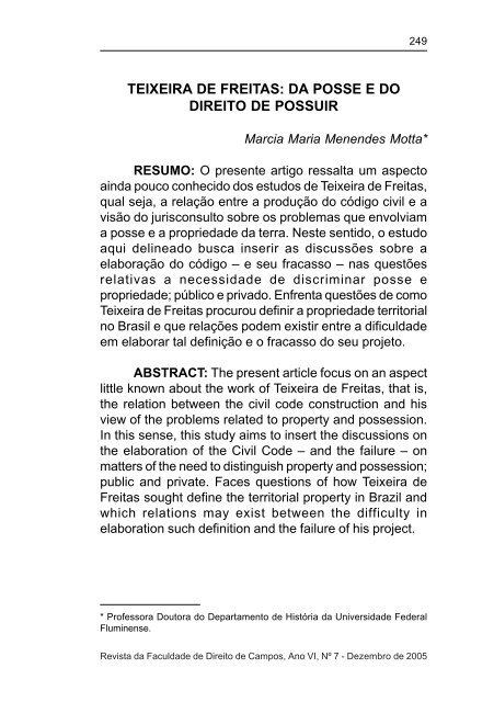 Teixeira de Freitas: Da Posse e do Direito de Possuir